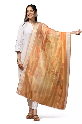 Digital Ethnic Motif Print Orgenza Khadi Silk Crochet Work Regular Dupatta Wear on Kurti For Women and Girls
