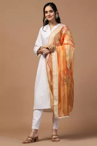 Digital Ethnic Motif Print Orgenza Khadi Silk Crochet Work Regular Dupatta Wear on Kurti For Women and Girls