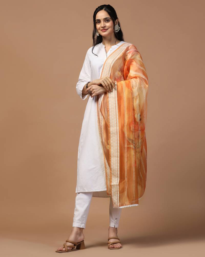 Digital Ethnic Motif Print Orgenza Khadi Silk Crochet Work Regular Dupatta Wear on Kurti For Women and Girls