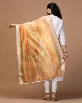 Digital Ethnic Motif Print Orgenza Khadi Silk Crochet Work Regular Dupatta Wear on Kurti For Women and Girls 4