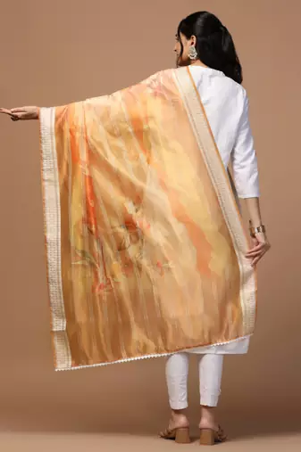 Digital Ethnic Motif Print Orgenza Khadi Silk Crochet Work Regular Dupatta Wear on Kurti For Women and Girls