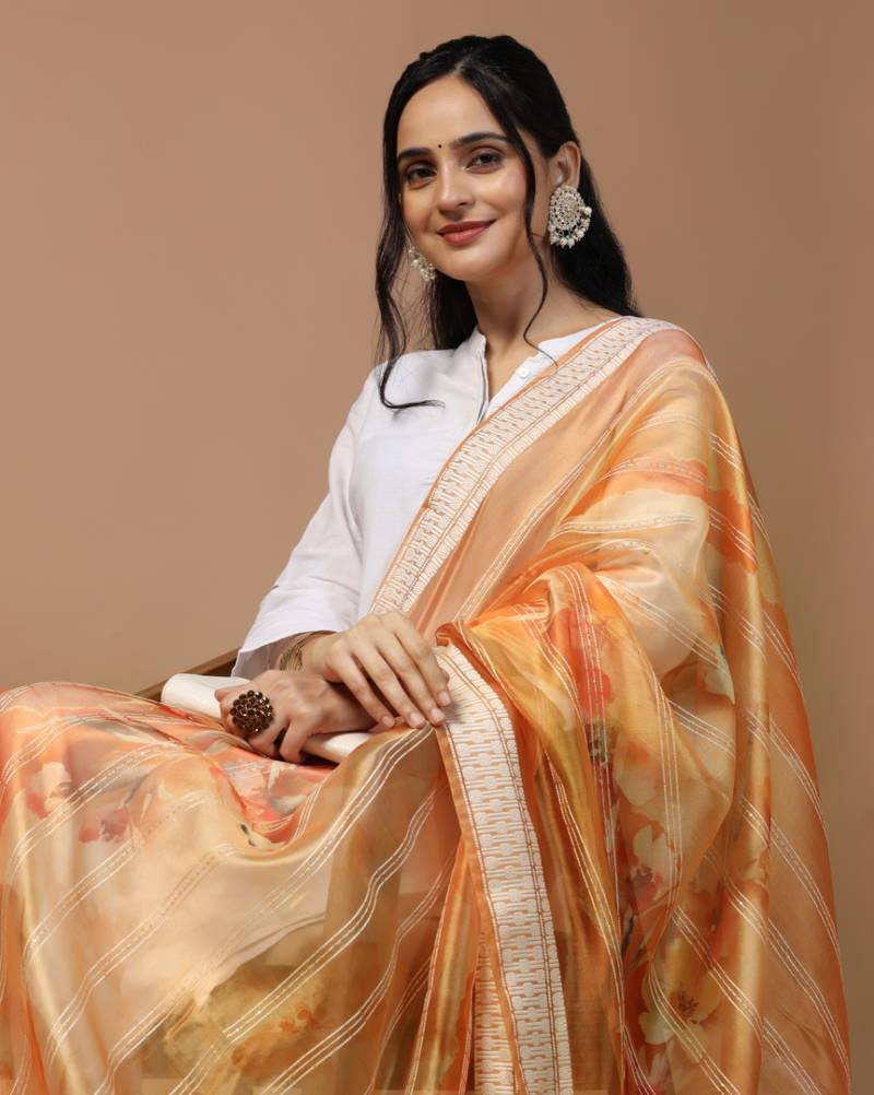 Digital Ethnic Motif Print Orgenza Khadi Silk Crochet Work Regular Dupatta Wear on Kurti For Women and Girls