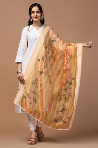 Digital Ethnic Motif Print Orgenza Khadi Silk Crochet Work Regular Dupatta Wear on Kurti For Women and Girls
