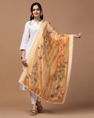 Digital Ethnic Motif Print Orgenza Khadi Silk Crochet Work Regular Dupatta Wear on Kurti For Women and Girls 1