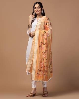 Digital Ethnic Motif Print Orgenza Khadi Silk Crochet Work Regular Dupatta Wear on Kurti For Women and Girls 3