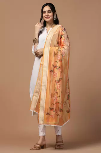 Digital Ethnic Motif Print Orgenza Khadi Silk Crochet Work Regular Dupatta Wear on Kurti For Women and Girls