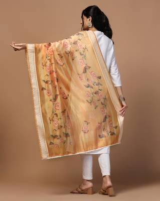 Digital Ethnic Motif Print Orgenza Khadi Silk Crochet Work Regular Dupatta Wear on Kurti For Women and Girls 4