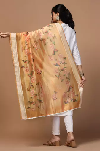 Digital Ethnic Motif Print Orgenza Khadi Silk Crochet Work Regular Dupatta Wear on Kurti For Women and Girls