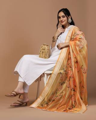 Digital Ethnic Motif Print Orgenza Khadi Silk Crochet Work Regular Dupatta Wear on Kurti For Women and Girls 5