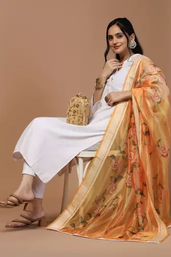 Digital Ethnic Motif Print Orgenza Khadi Silk Crochet Work Regular Dupatta Wear on Kurti For Women and Girls