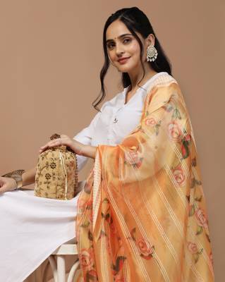 Digital Ethnic Motif Print Orgenza Khadi Silk Crochet Work Regular Dupatta Wear on Kurti For Women and Girls 6