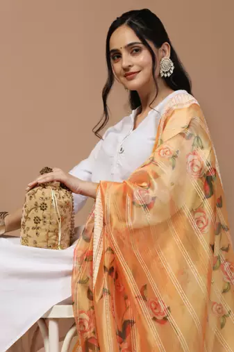 Digital Ethnic Motif Print Orgenza Khadi Silk Crochet Work Regular Dupatta Wear on Kurti For Women and Girls