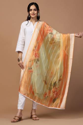 Digital Ethnic Motif Print Orgenza Khadi Silk Crochet Work Regular Dupatta Wear on Kurti For Women and Girls