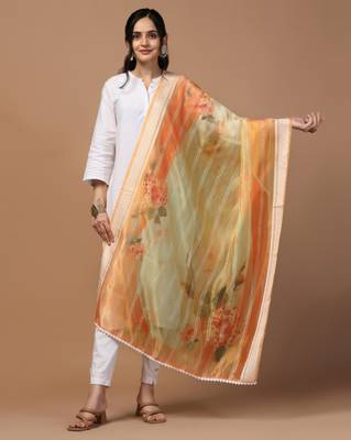 Digital Ethnic Motif Print Orgenza Khadi Silk Crochet Work Regular Dupatta Wear on Kurti For Women and Girls 1