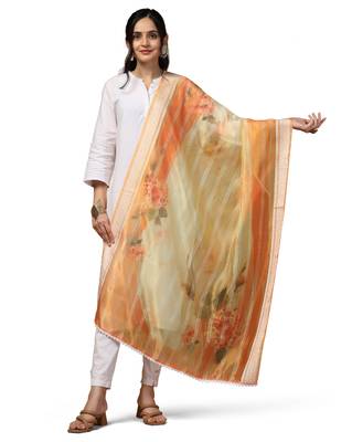 Digital Ethnic Motif Print Orgenza Khadi Silk Crochet Work Regular Dupatta Wear on Kurti For Women and Girls 2