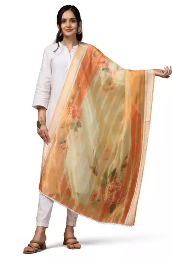 Digital Ethnic Motif Print Orgenza Khadi Silk Crochet Work Regular Dupatta Wear on Kurti For Women and Girls