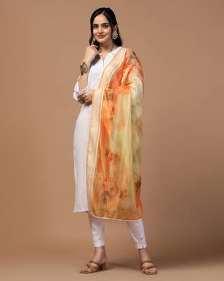 Digital Ethnic Motif Print Orgenza Khadi Silk Crochet Work Regular Dupatta Wear on Kurti For Women and Girls 3