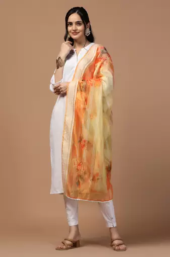 Digital Ethnic Motif Print Orgenza Khadi Silk Crochet Work Regular Dupatta Wear on Kurti For Women and Girls