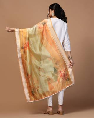 Digital Ethnic Motif Print Orgenza Khadi Silk Crochet Work Regular Dupatta Wear on Kurti For Women and Girls 4