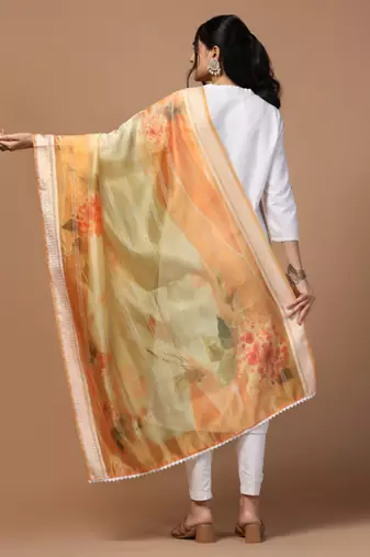 Digital Ethnic Motif Print Orgenza Khadi Silk Crochet Work Regular Dupatta Wear on Kurti For Women and Girls