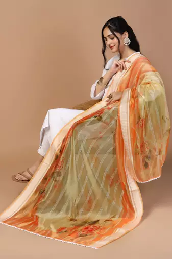 Digital Ethnic Motif Print Orgenza Khadi Silk Crochet Work Regular Dupatta Wear on Kurti For Women and Girls