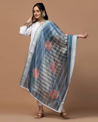 Digital Ethnic Motif Print Orgenza Khadi Silk Crochet Work Regular Dupatta Wear on Kurti For Women and Girls 1