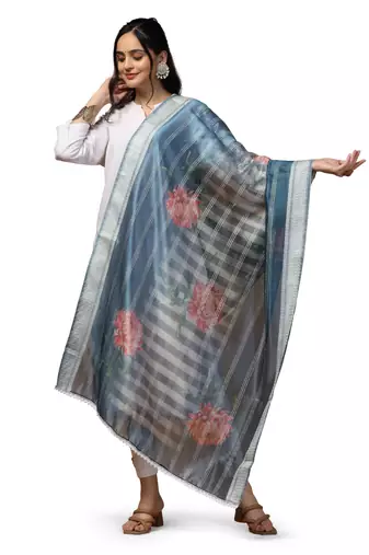 Digital Ethnic Motif Print Orgenza Khadi Silk Crochet Work Regular Dupatta Wear on Kurti For Women and Girls