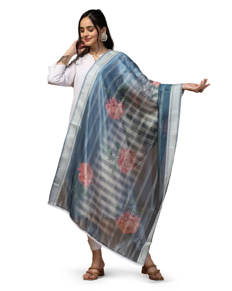 Digital Ethnic Motif Print Orgenza Khadi Silk Crochet Work Regular Dupatta Wear on Kurti For Women and Girls