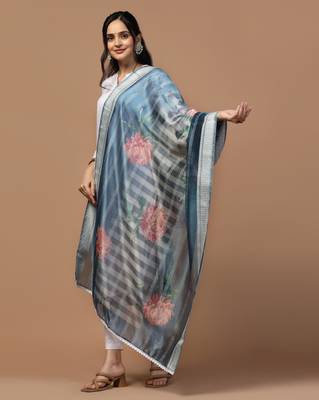 Digital Ethnic Motif Print Orgenza Khadi Silk Crochet Work Regular Dupatta Wear on Kurti For Women and Girls 3