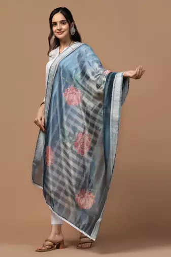 Digital Ethnic Motif Print Orgenza Khadi Silk Crochet Work Regular Dupatta Wear on Kurti For Women and Girls