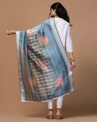 Digital Ethnic Motif Print Orgenza Khadi Silk Crochet Work Regular Dupatta Wear on Kurti For Women and Girls 4