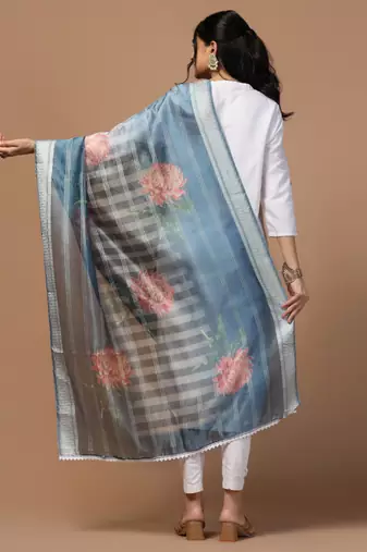 Digital Ethnic Motif Print Orgenza Khadi Silk Crochet Work Regular Dupatta Wear on Kurti For Women and Girls
