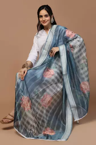Digital Ethnic Motif Print Orgenza Khadi Silk Crochet Work Regular Dupatta Wear on Kurti For Women and Girls