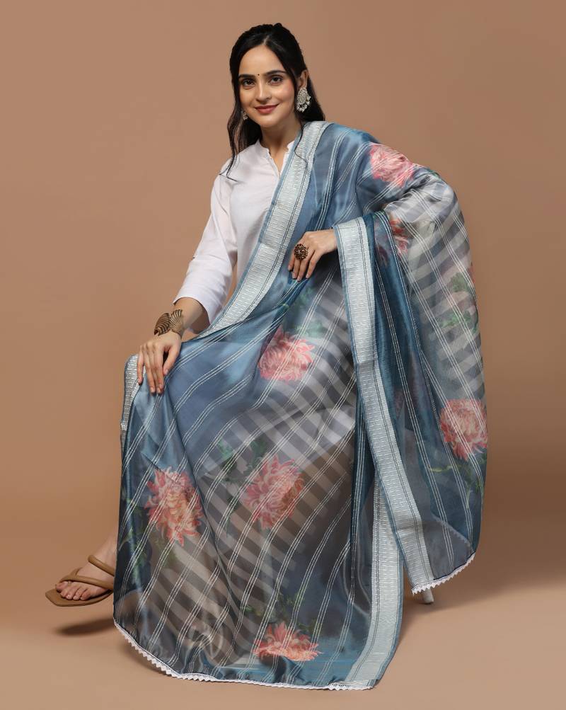 Digital Ethnic Motif Print Orgenza Khadi Silk Crochet Work Regular Dupatta Wear on Kurti For Women and Girls