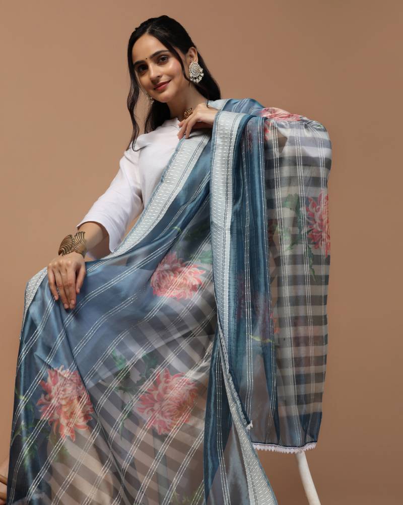 Digital Ethnic Motif Print Orgenza Khadi Silk Crochet Work Regular Dupatta Wear on Kurti For Women and Girls