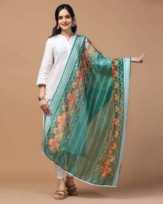 Digital Ethnic Motif Print Orgenza Khadi Silk Crochet Work Regular Dupatta Wear on Kurti For Women and Girls 1