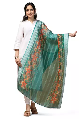 Digital Ethnic Motif Print Orgenza Khadi Silk Crochet Work Regular Dupatta Wear on Kurti For Women and Girls
