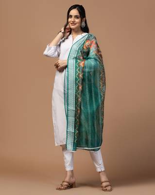 Digital Ethnic Motif Print Orgenza Khadi Silk Crochet Work Regular Dupatta Wear on Kurti For Women and Girls 3