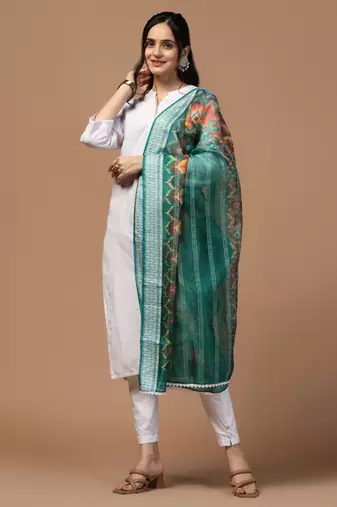 Digital Ethnic Motif Print Orgenza Khadi Silk Crochet Work Regular Dupatta Wear on Kurti For Women and Girls