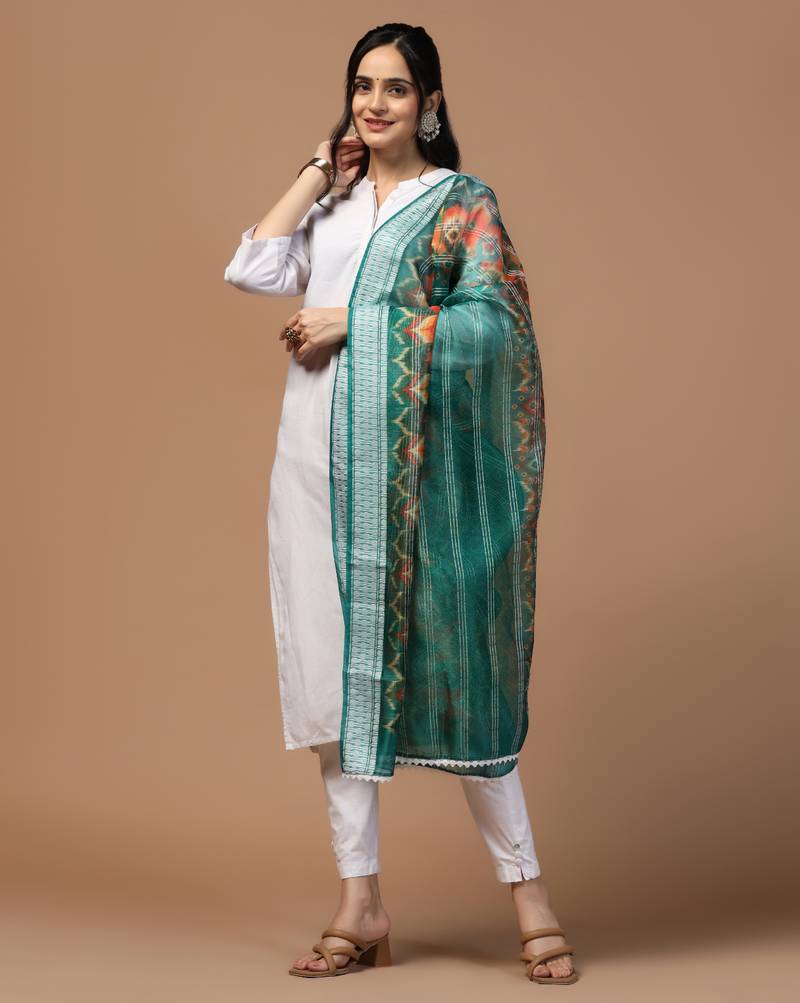 Digital Ethnic Motif Print Orgenza Khadi Silk Crochet Work Regular Dupatta Wear on Kurti For Women and Girls