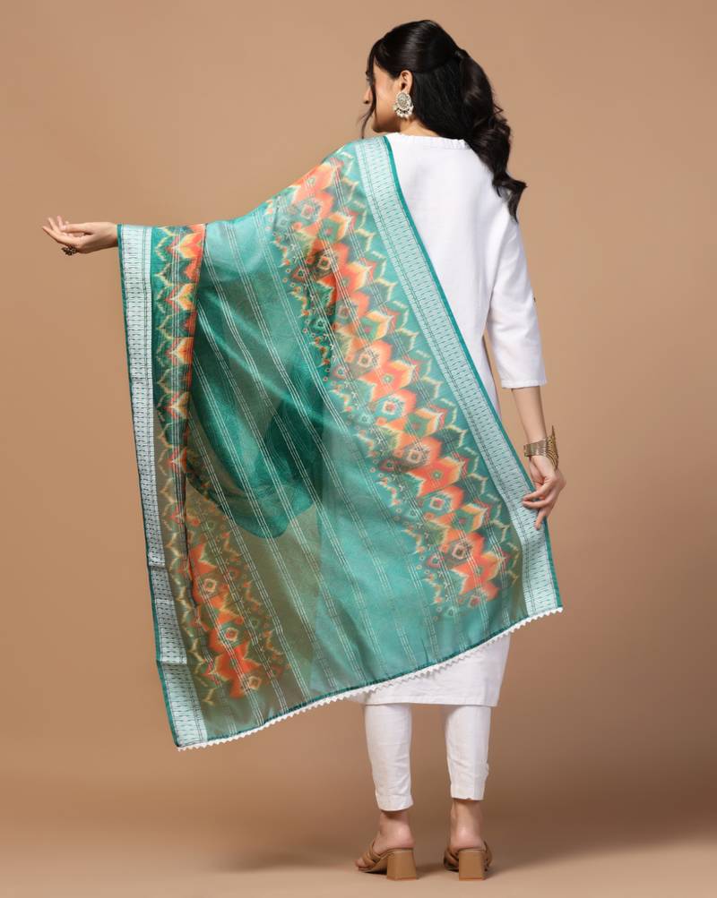 Digital Ethnic Motif Print Orgenza Khadi Silk Crochet Work Regular Dupatta Wear on Kurti For Women and Girls