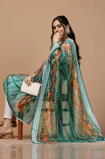 Digital Ethnic Motif Print Orgenza Khadi Silk Crochet Work Regular Dupatta Wear on Kurti For Women and Girls