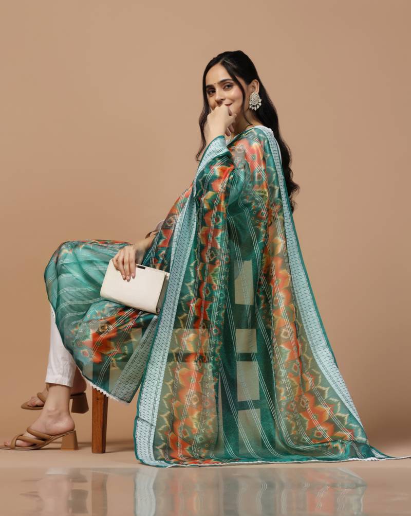 Digital Ethnic Motif Print Orgenza Khadi Silk Crochet Work Regular Dupatta Wear on Kurti For Women and Girls