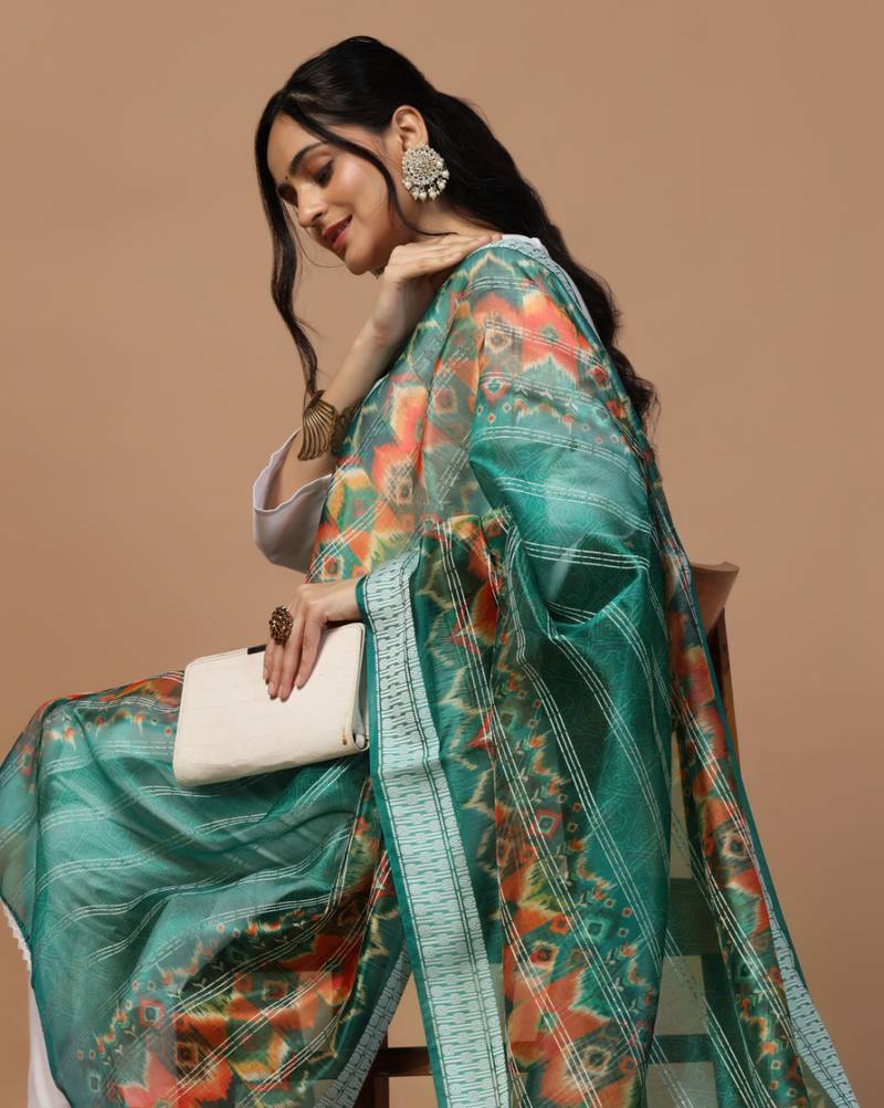 Digital Ethnic Motif Print Orgenza Khadi Silk Crochet Work Regular Dupatta Wear on Kurti For Women and Girls