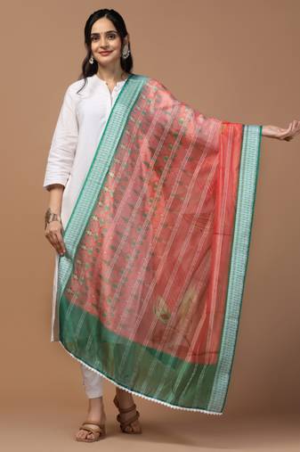 Digital Ethnic Motif Print Orgenza Khadi Silk Crochet Work Regular Dupatta Wear on Kurti For Women and Girls