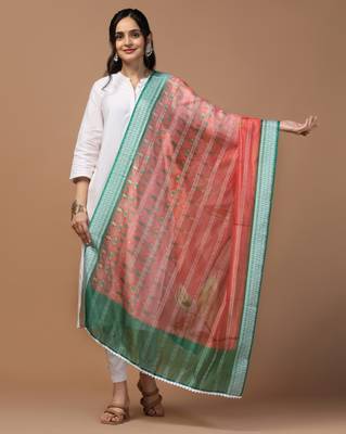 Digital Ethnic Motif Print Orgenza Khadi Silk Crochet Work Regular Dupatta Wear on Kurti For Women and Girls 1