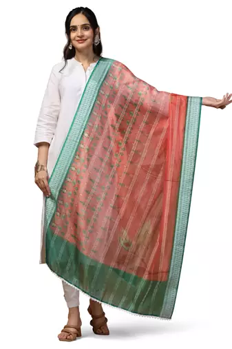Digital Ethnic Motif Print Orgenza Khadi Silk Crochet Work Regular Dupatta Wear on Kurti For Women and Girls