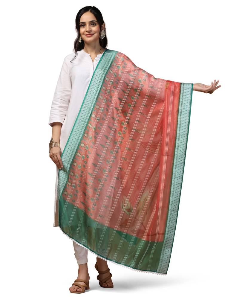 Digital Ethnic Motif Print Orgenza Khadi Silk Crochet Work Regular Dupatta Wear on Kurti For Women and Girls