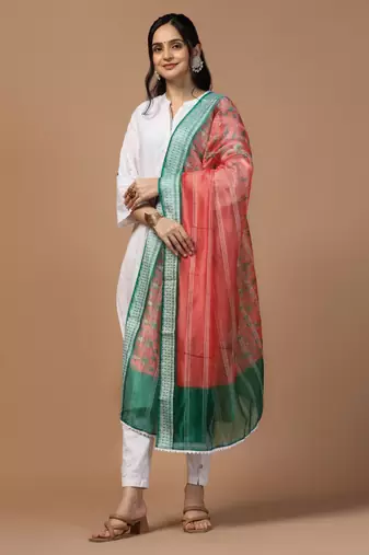 Digital Ethnic Motif Print Orgenza Khadi Silk Crochet Work Regular Dupatta Wear on Kurti For Women and Girls