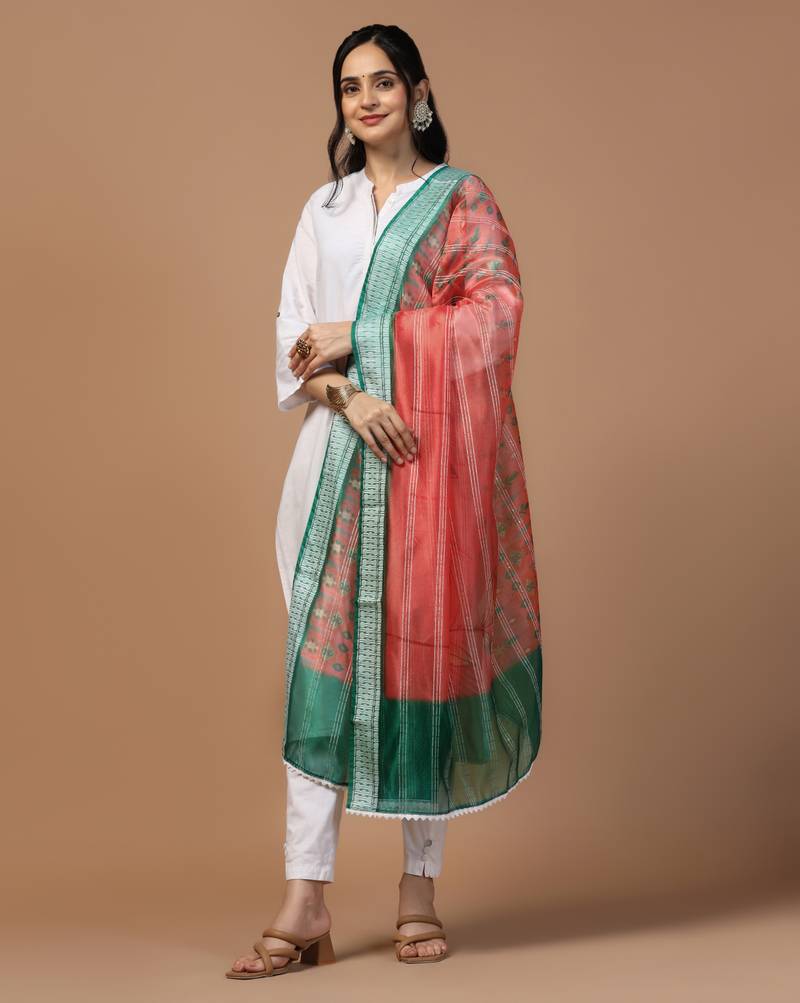 Digital Ethnic Motif Print Orgenza Khadi Silk Crochet Work Regular Dupatta Wear on Kurti For Women and Girls